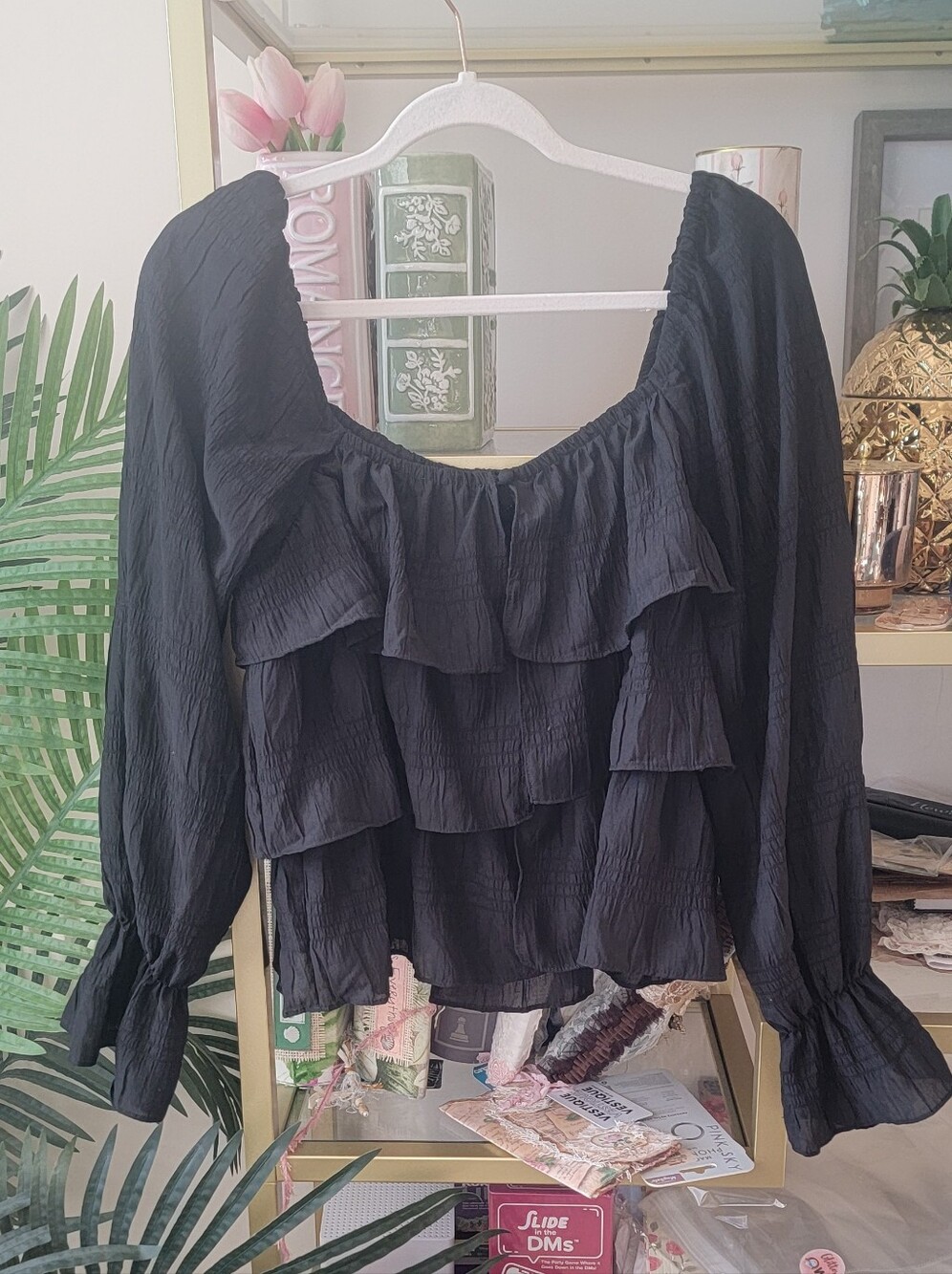 NWT -Lulus Black Tiered Ruffled Long Sleeve Top - Size L - Picture 3 of 6